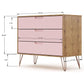 Manhattan Comfort Rockefeller 3-Drawer Nature & Rose Pink Dressers In A Set Of 2