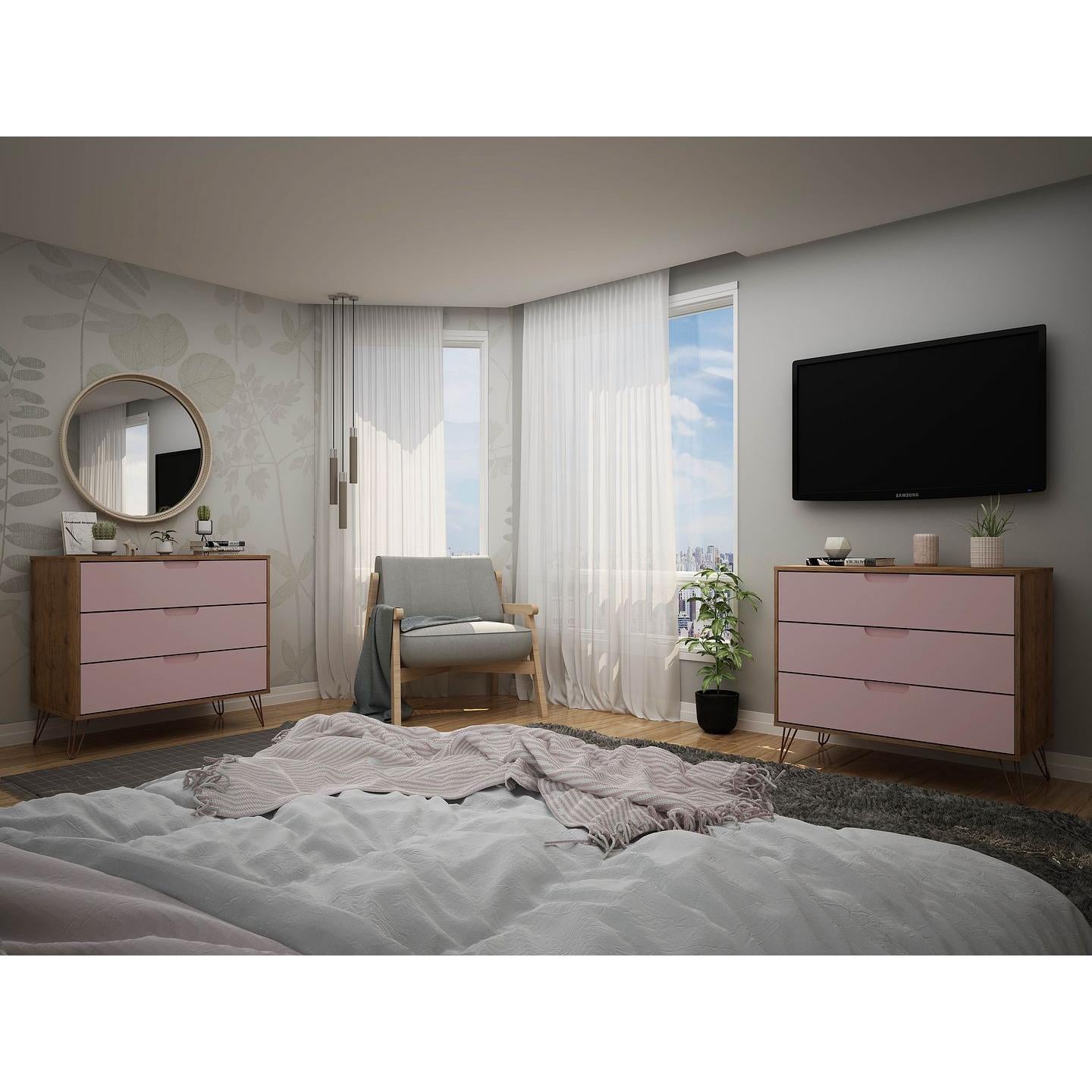 Manhattan Comfort Rockefeller 3-Drawer Nature & Rose Pink Dressers In A Set Of 2