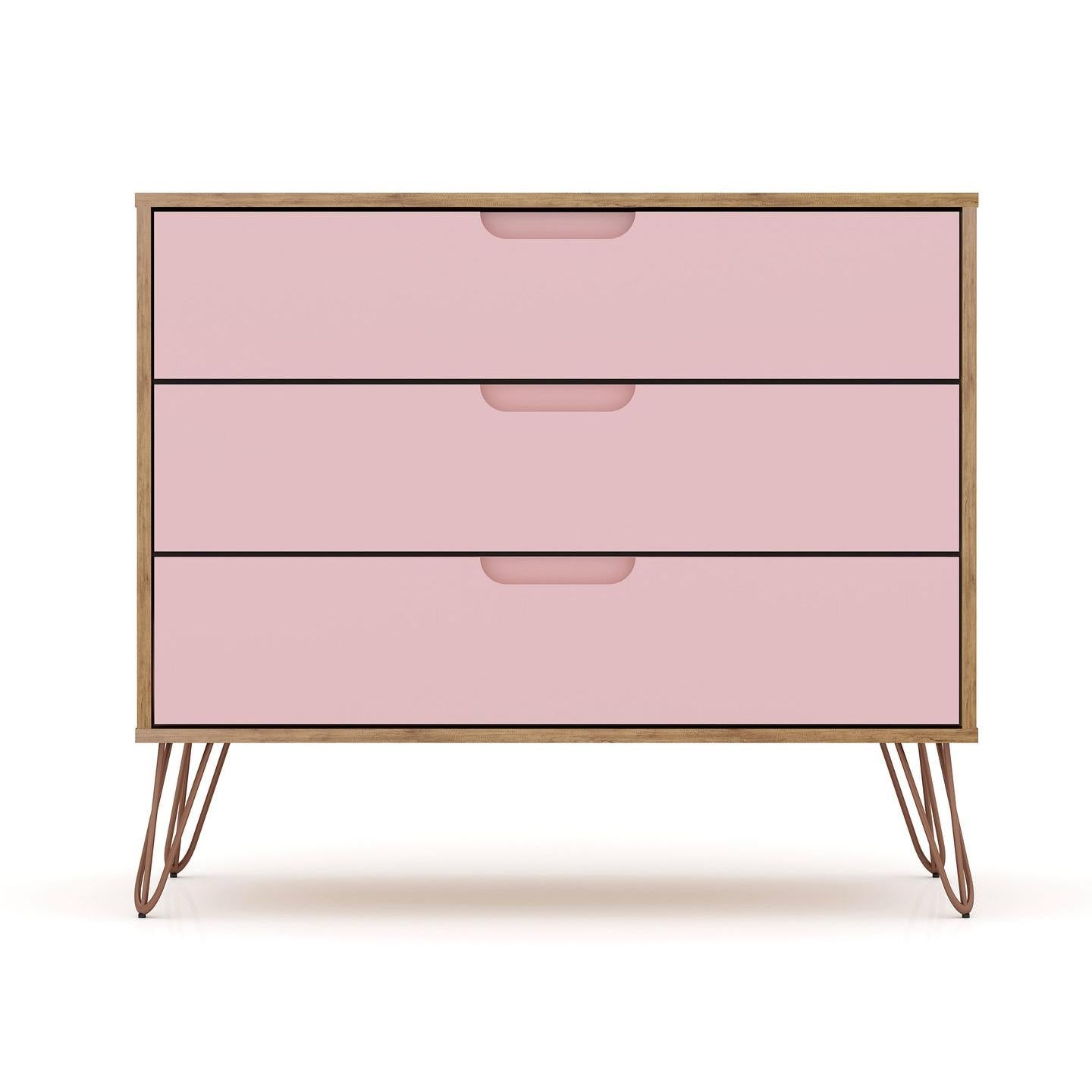 Manhattan Comfort Rockefeller 3-Drawer Nature & Rose Pink Dressers In A Set Of 2