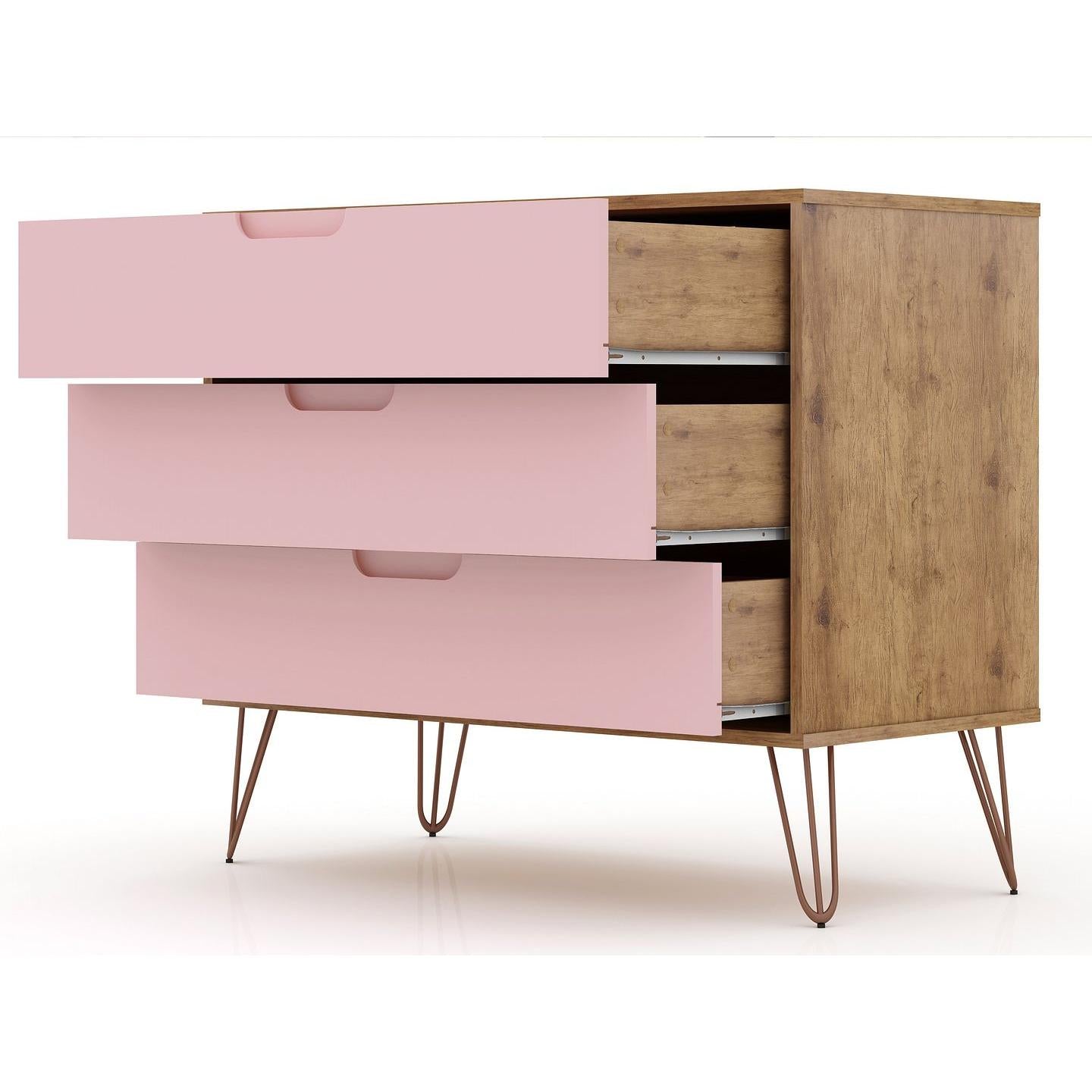 Manhattan Comfort Rockefeller 3-Drawer Nature & Rose Pink Dressers In A Set Of 2