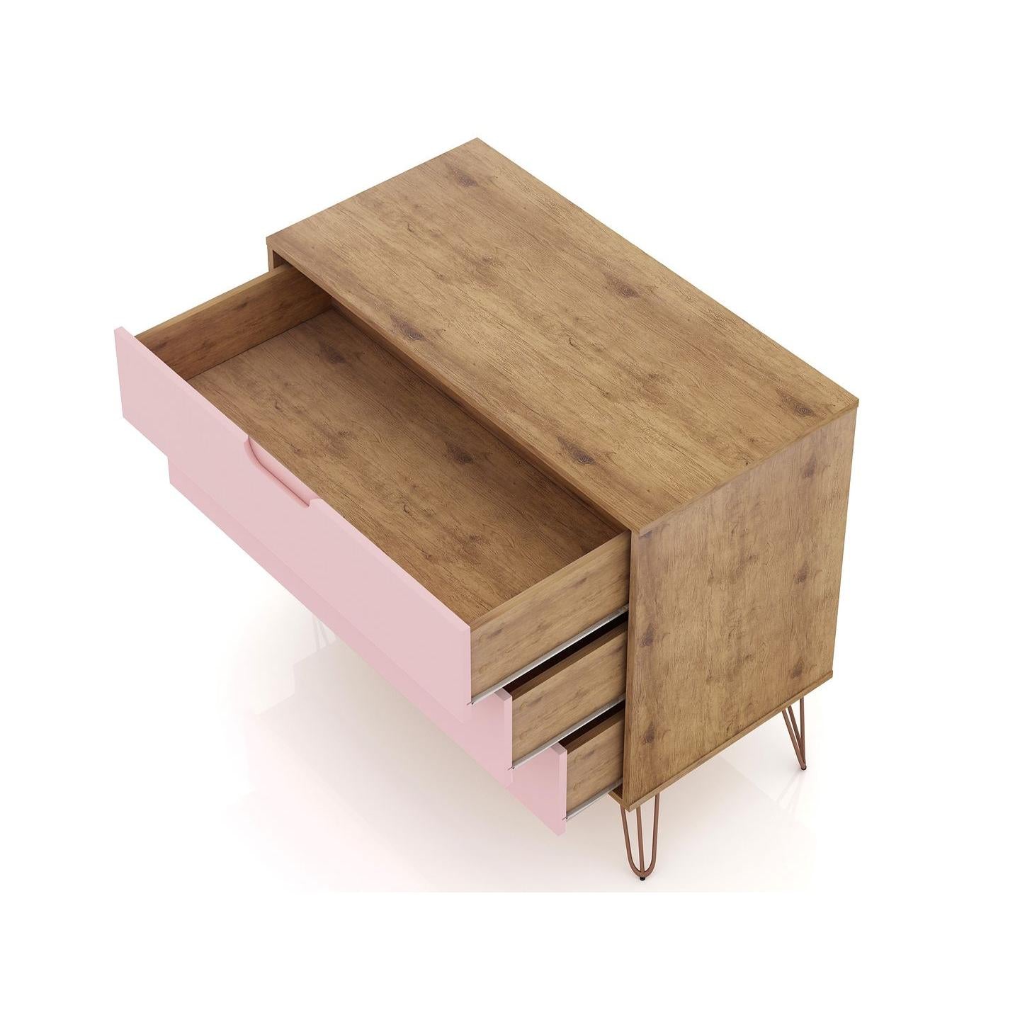 Manhattan Comfort Rockefeller 3-Drawer Nature & Rose Pink Dressers In A Set Of 2