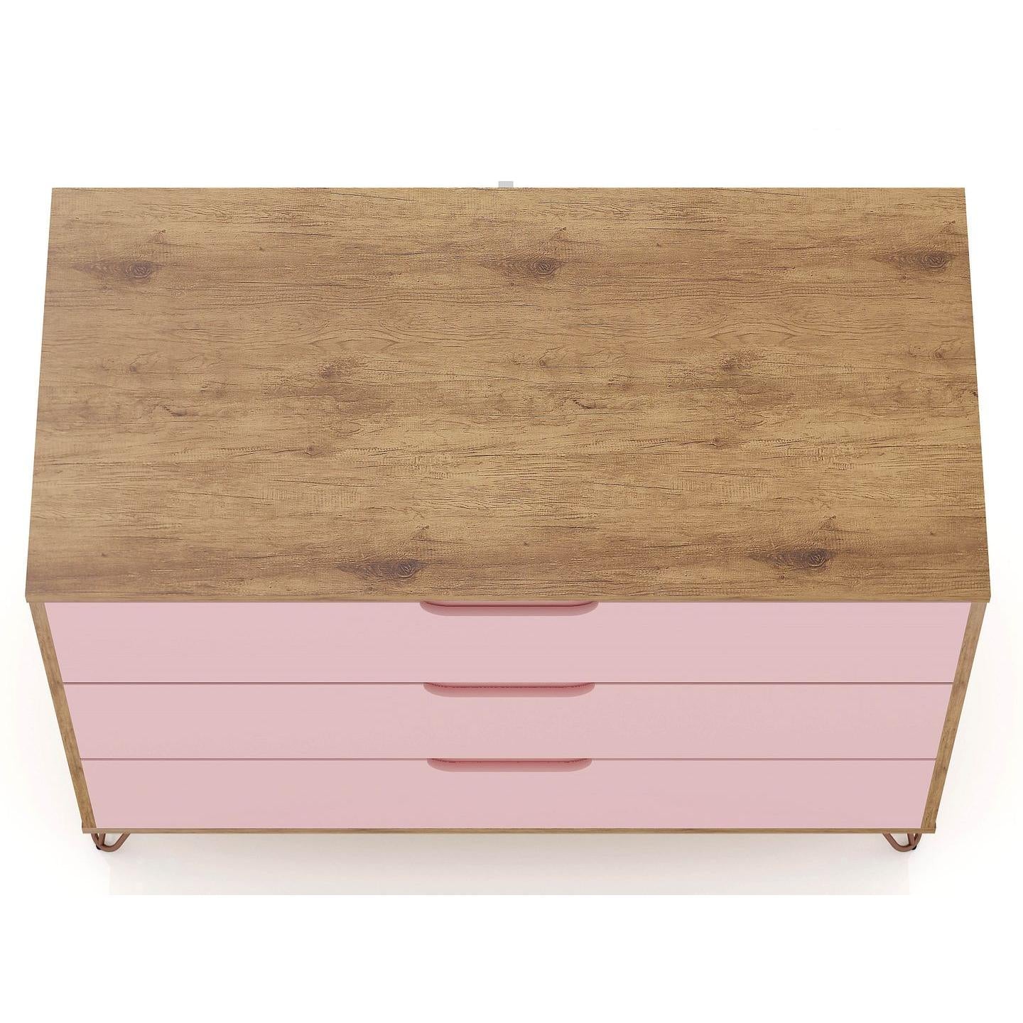 Manhattan Comfort Rockefeller 3-Drawer Nature & Rose Pink Dressers In A Set Of 2