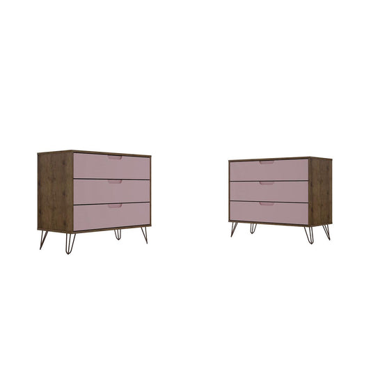 Manhattan Comfort Rockefeller 3-Drawer Nature & Rose Pink Dressers In A Set Of 2