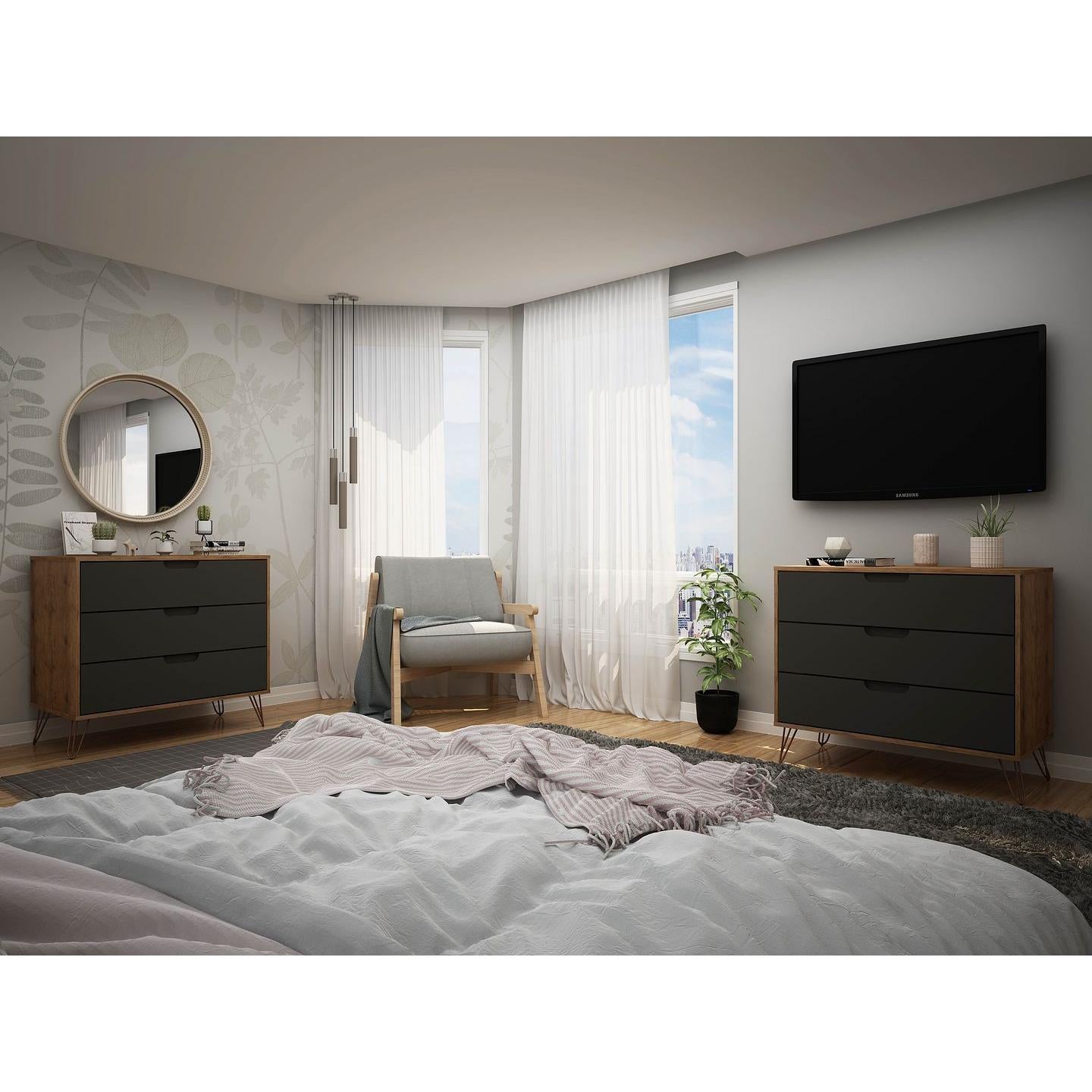 Manhattan Comfort Rockefeller 3-Drawer Nature & Textured Gray Dressers In A Set Of 2