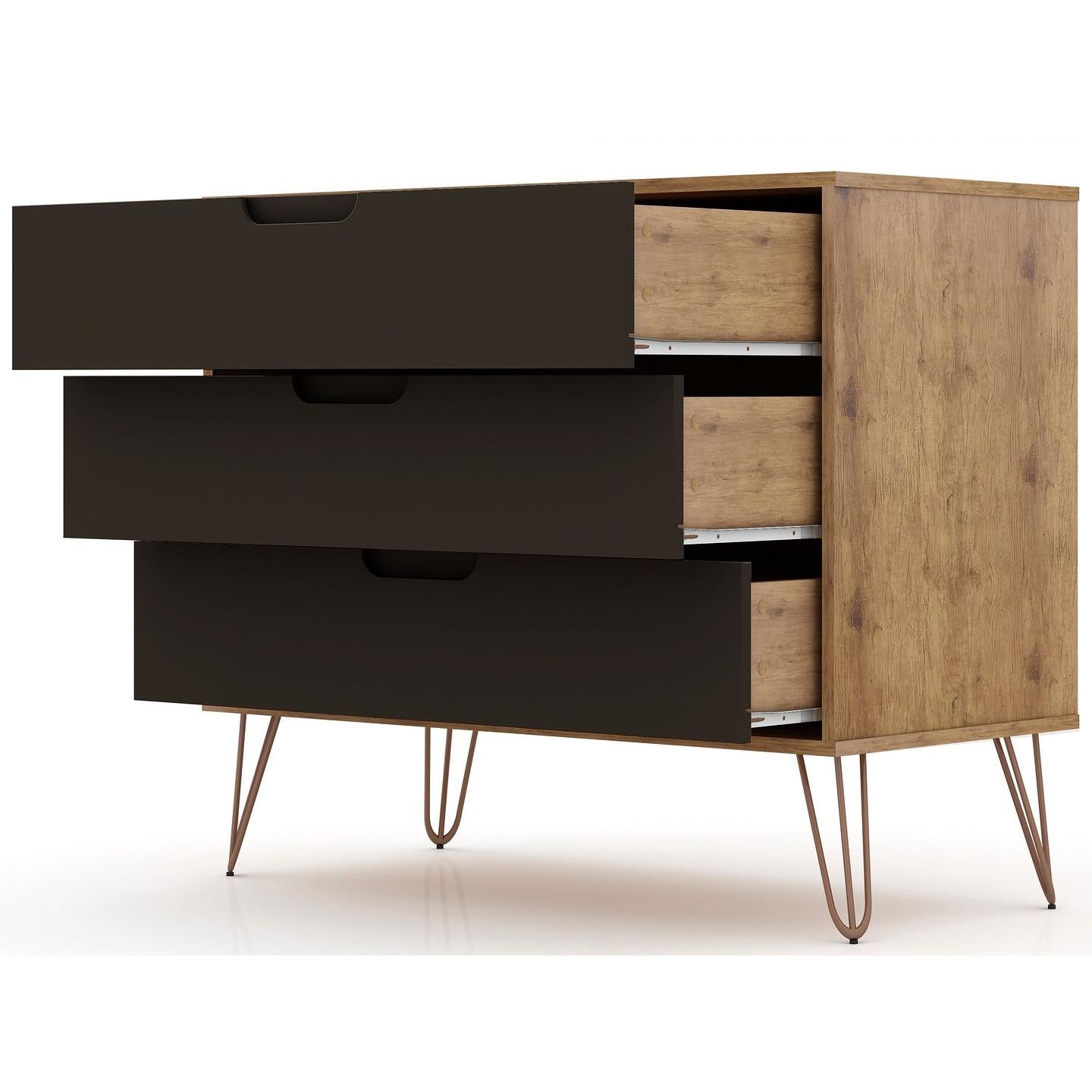 Manhattan Comfort Rockefeller 3-Drawer Nature & Textured Gray Dressers In A Set Of 2