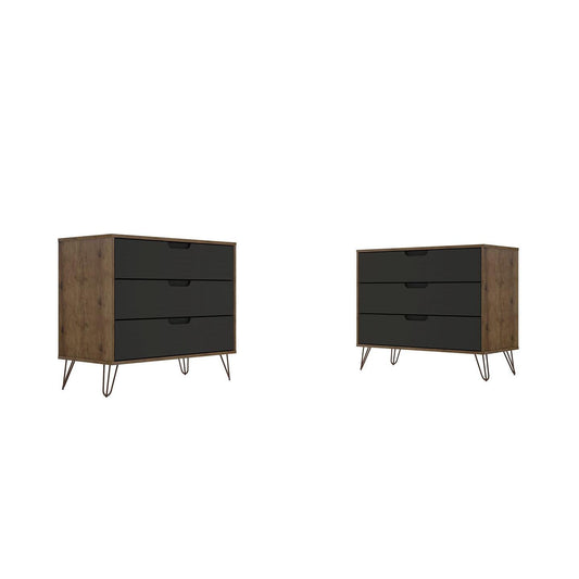 Manhattan Comfort Rockefeller 3-Drawer Nature & Textured Gray Dressers In A Set Of 2