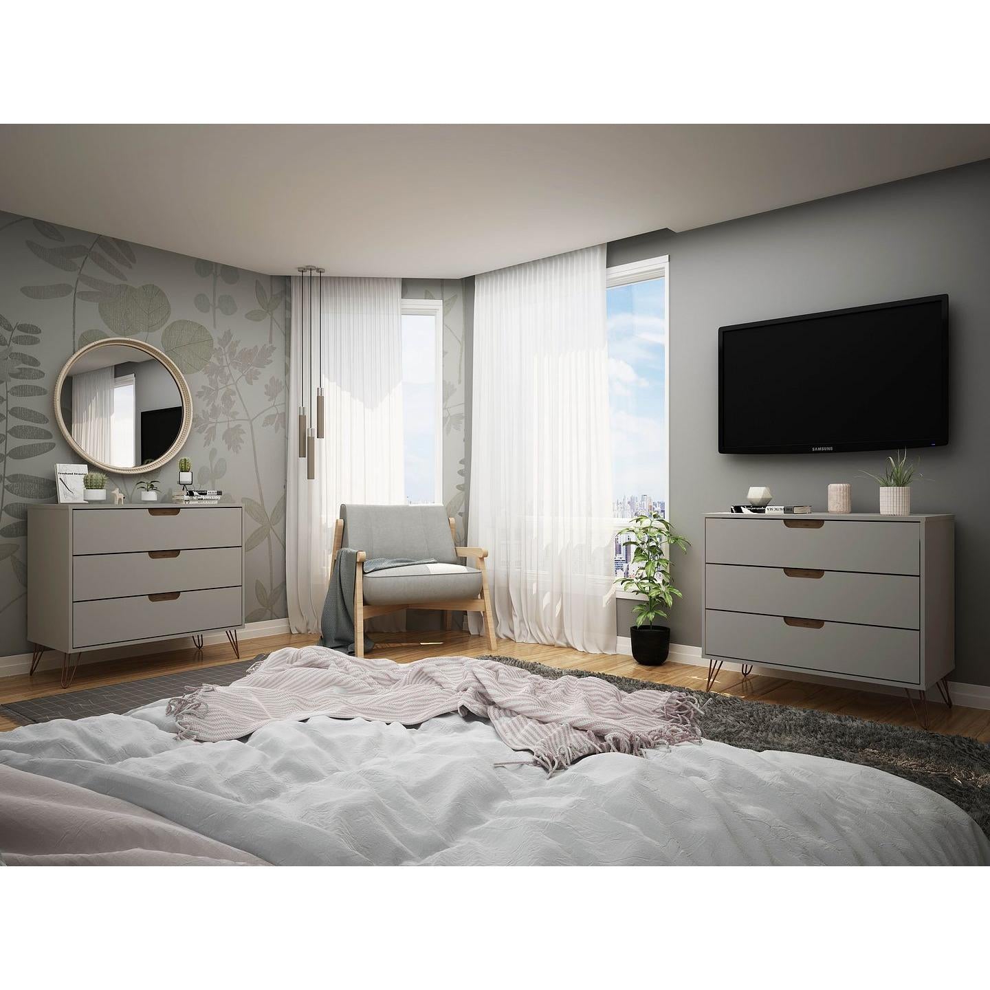 Manhattan Comfort Rockefeller 3-Drawer Off White & Nature Dressers In A Set Of 2