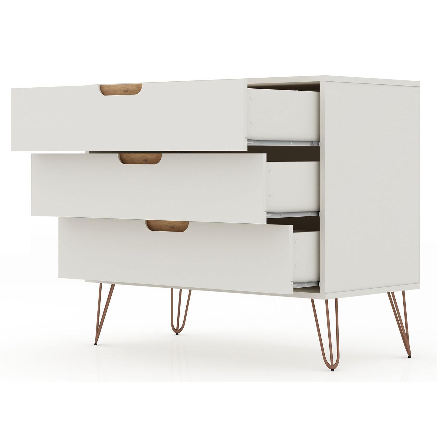 Manhattan Comfort Rockefeller 3-Drawer Off White & Nature Dressers In A Set Of 2