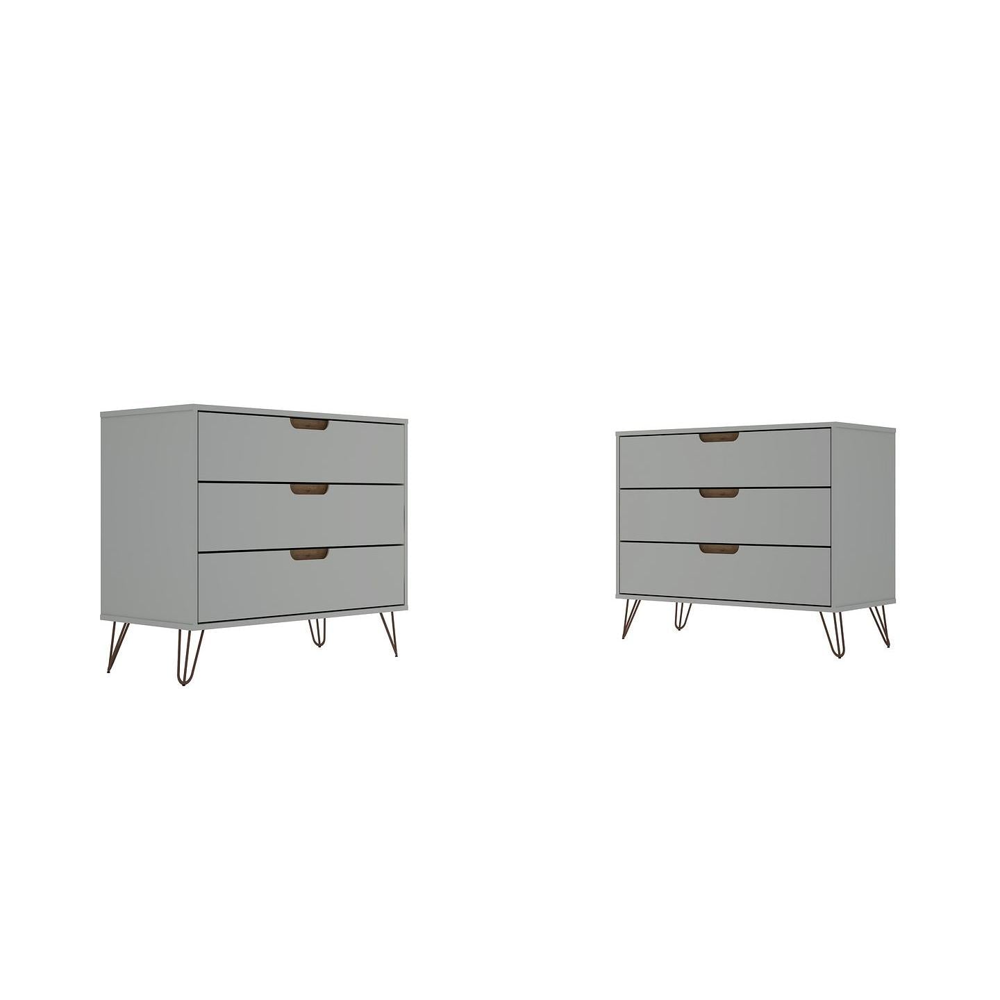 Manhattan Comfort Rockefeller 3-Drawer Off White & Nature Dressers In A Set Of 2