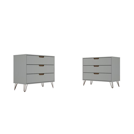 Manhattan Comfort Rockefeller 3-Drawer Off White & Nature Dressers In A Set Of 2