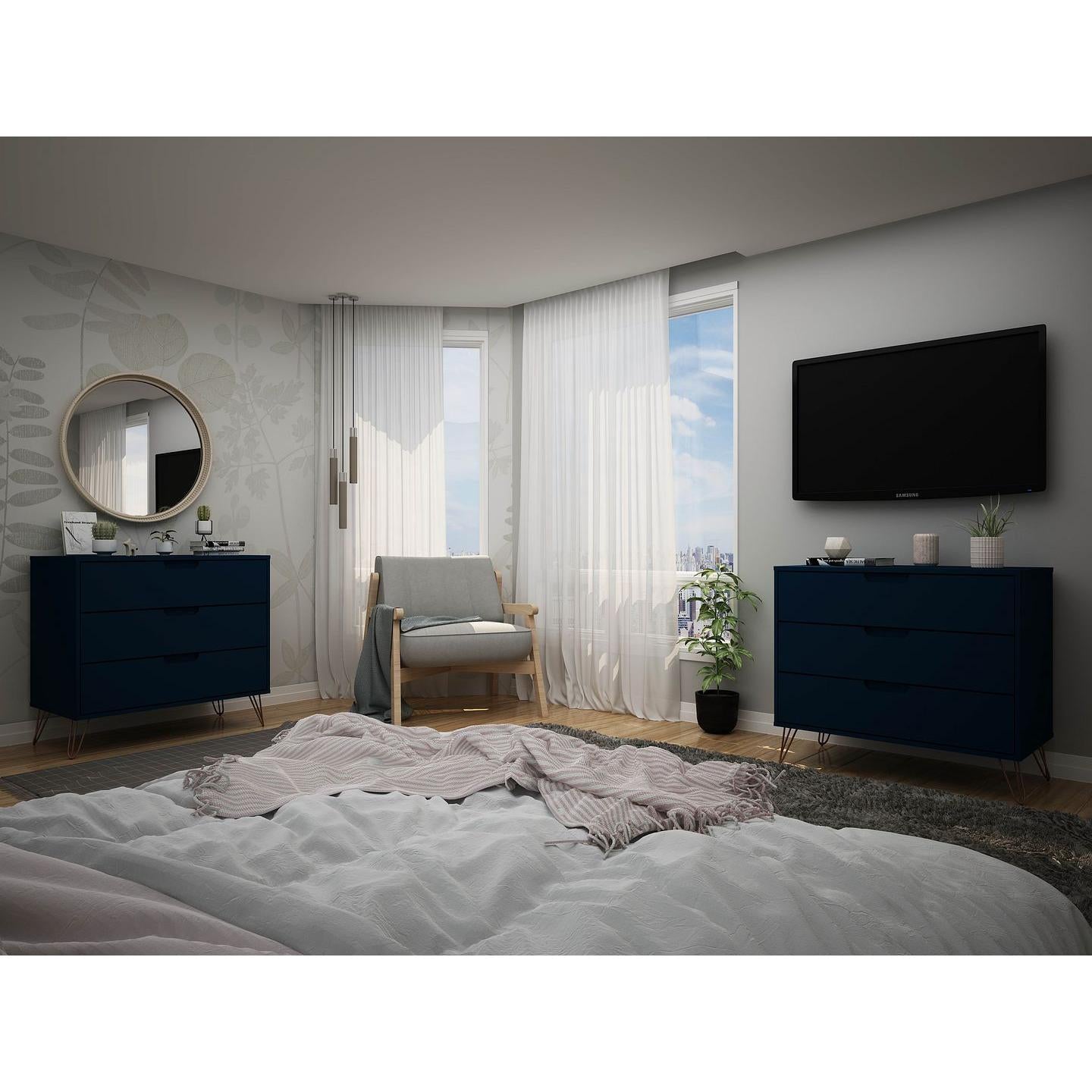 Manhattan Comfort Rockefeller 3-Drawer Tatiana Midnight Blue Dressers In A Set Of 2