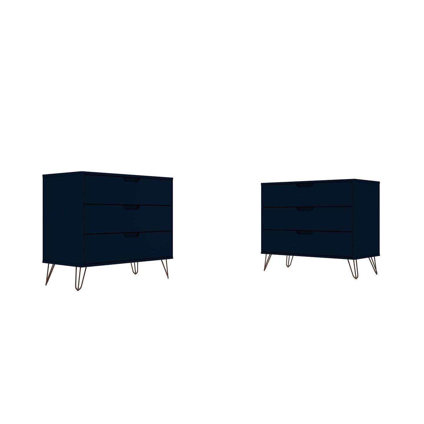 Manhattan Comfort Rockefeller 3-Drawer Tatiana Midnight Blue Dressers In A Set Of 2