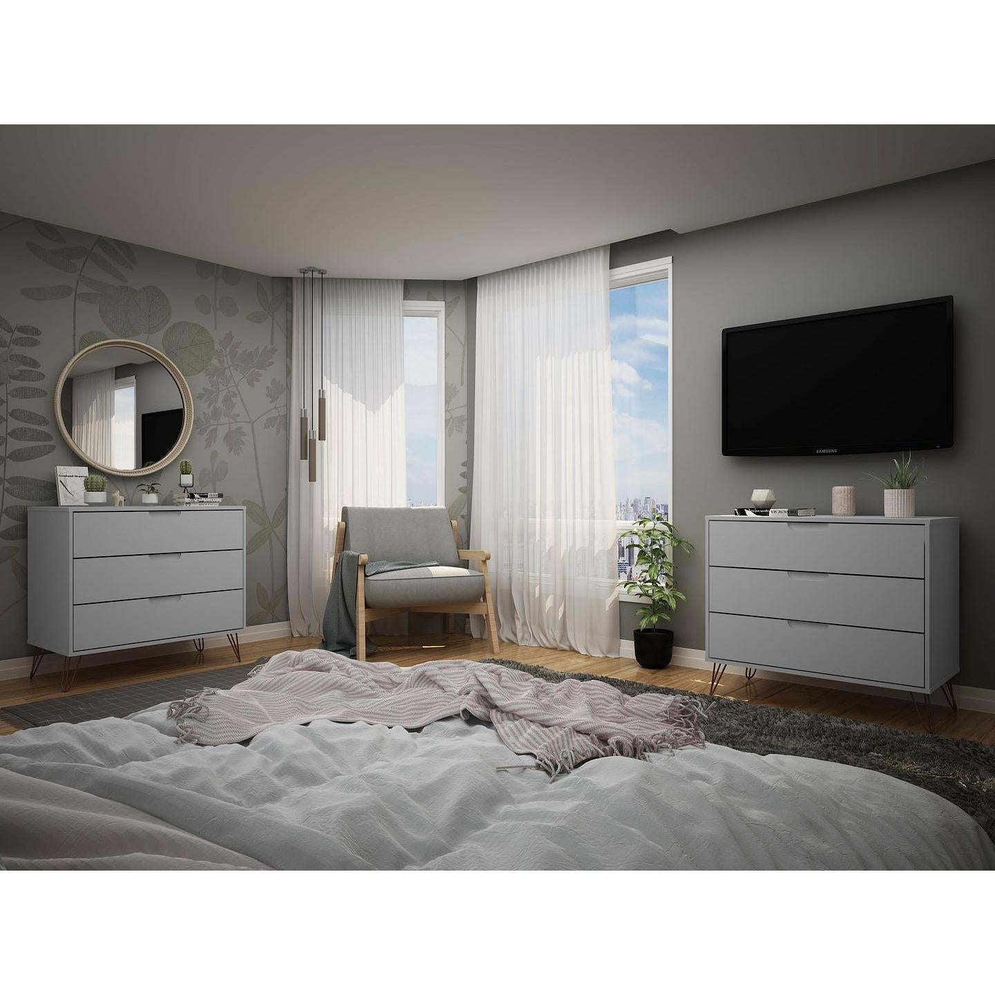 Manhattan Comfort Rockefeller 3-Drawer White Dressers In A Set Of 2