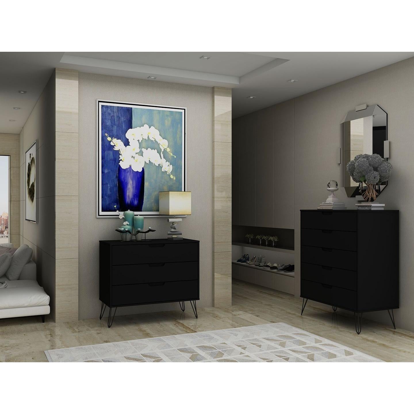 Manhattan Comfort Rockefeller 5-Drawer & 3-Drawer Black Dresser Cabinet Set