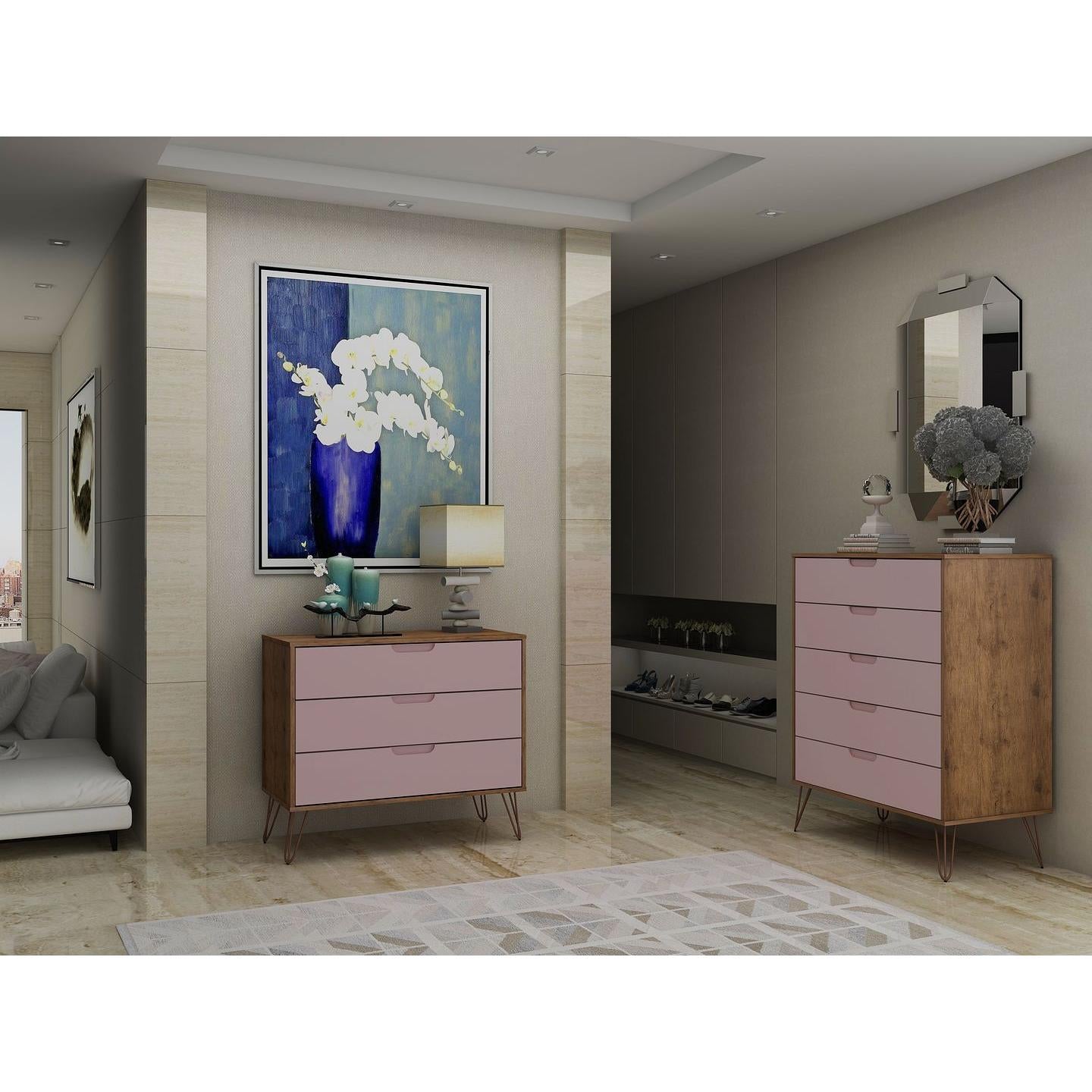 Manhattan Comfort Rockefeller 5-Drawer & 3-Drawer Nature & Rose Pink Dresser Cabinet Set