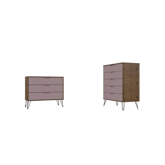 Manhattan Comfort Rockefeller 5-Drawer & 3-Drawer Nature & Rose Pink Dresser Cabinet Set