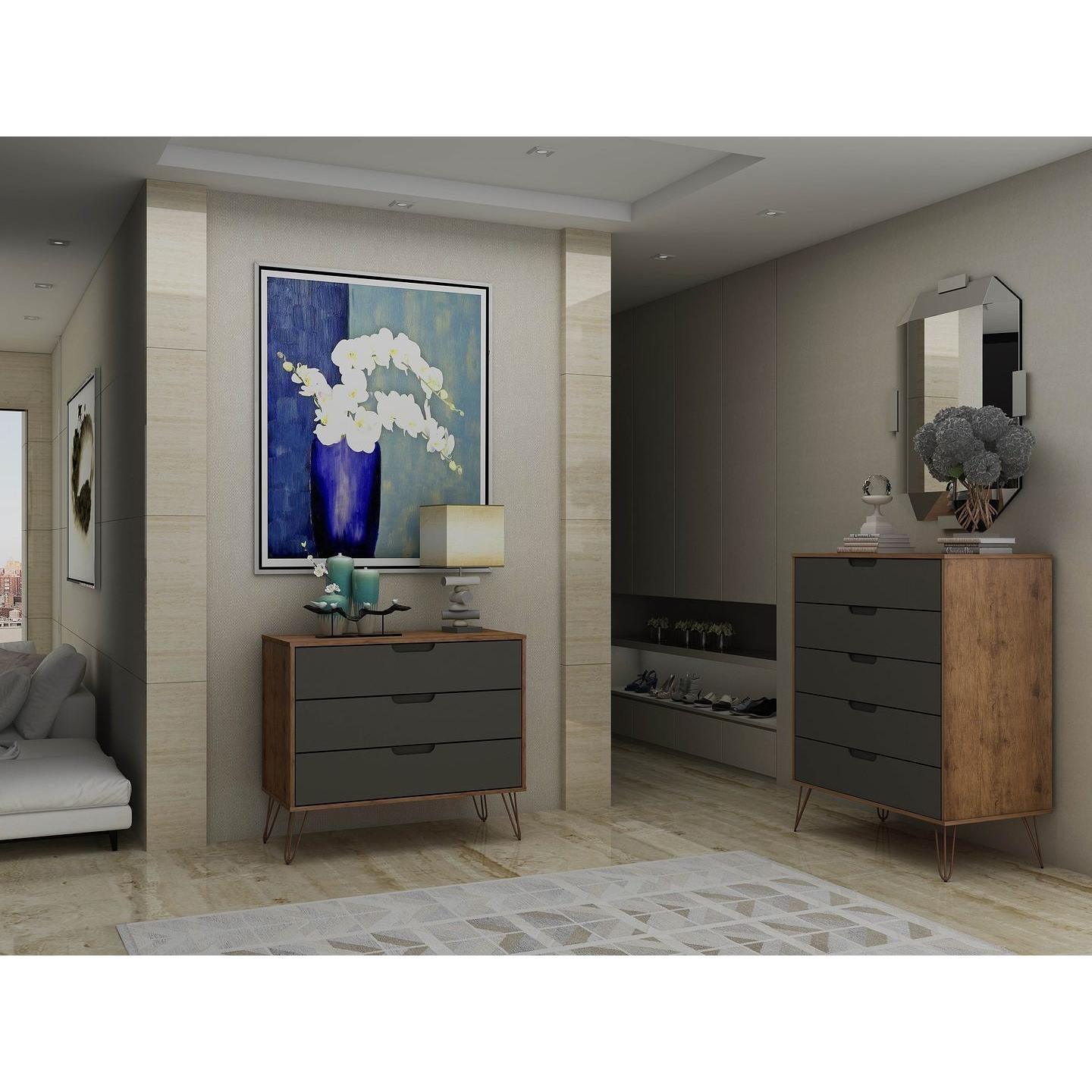 Manhattan Comfort Rockefeller 5-Drawer & 3-Drawer Nature & Textured Gray Dresser Cabinet Set