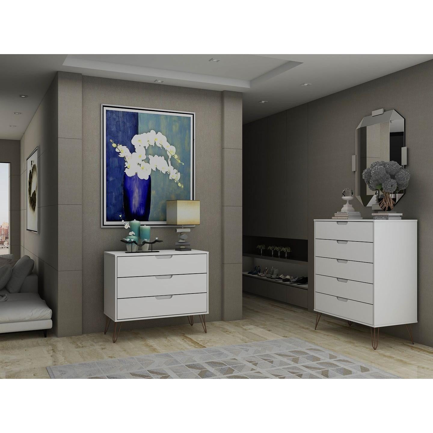 Manhattan Comfort Rockefeller 5-Drawer & 3-Drawer White Dresser Cabinet Set