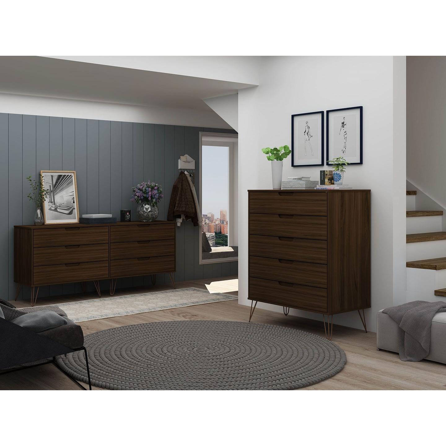 Manhattan Comfort Rockefeller 5-Drawer & 6-Drawer Brown Dresser Cabinet Set