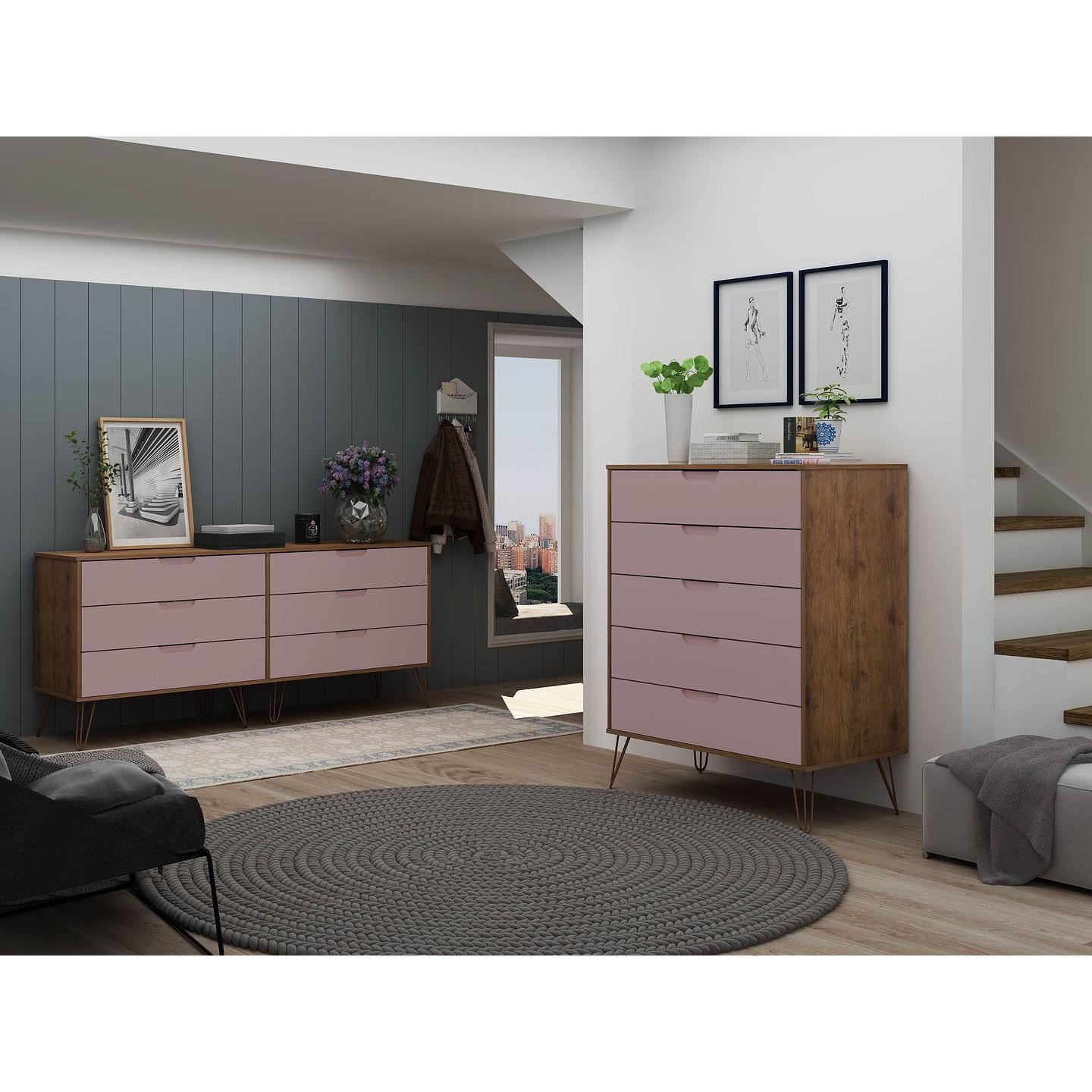 Manhattan Comfort Rockefeller 5-Drawer & 6-Drawer Nature & Rose Pink Dresser Cabinet Set