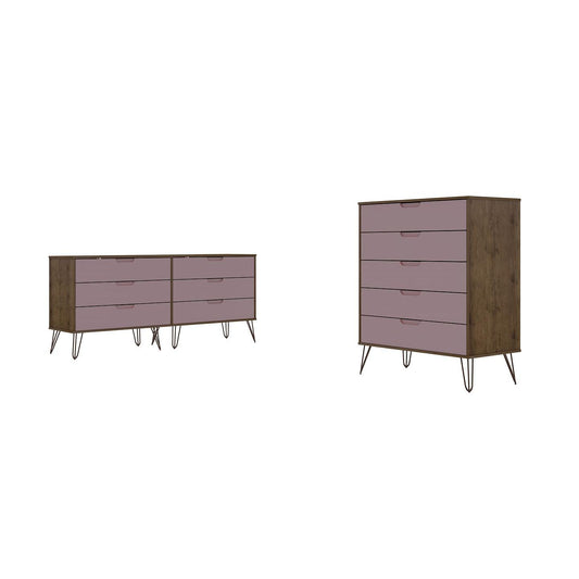 Manhattan Comfort Rockefeller 5-Drawer & 6-Drawer Nature & Rose Pink Dresser Cabinet Set