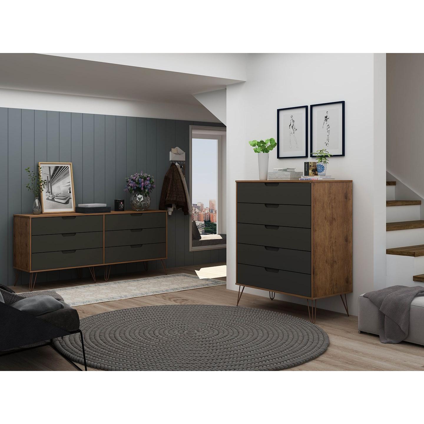 Manhattan Comfort Rockefeller 5-Drawer & 6-Drawer Nature & Textured Gray Dresser Cabinet Set