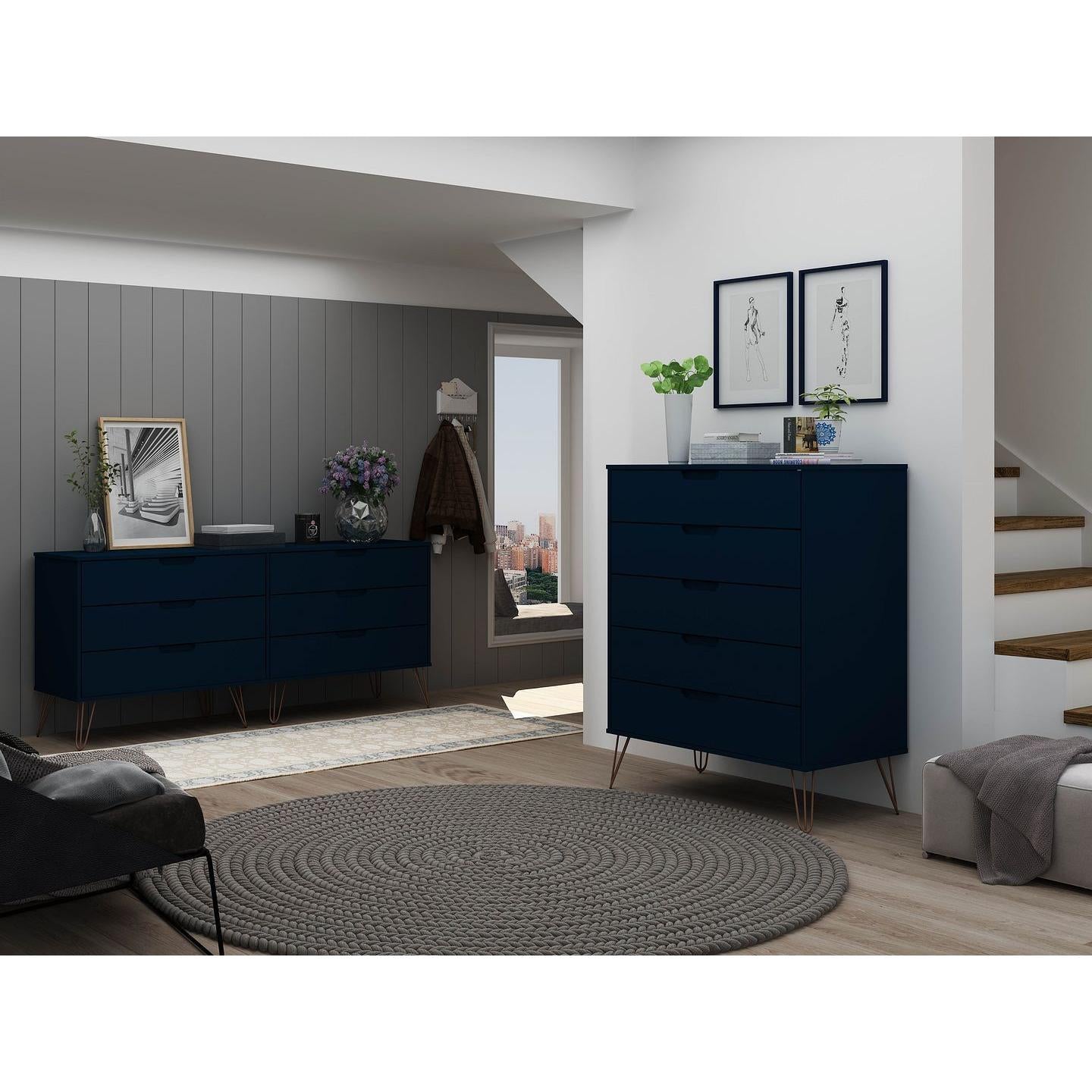 Manhattan Comfort Rockefeller 5-Drawer & 6-Drawer Tatiana Midnight Blue Dresser Cabinet Set