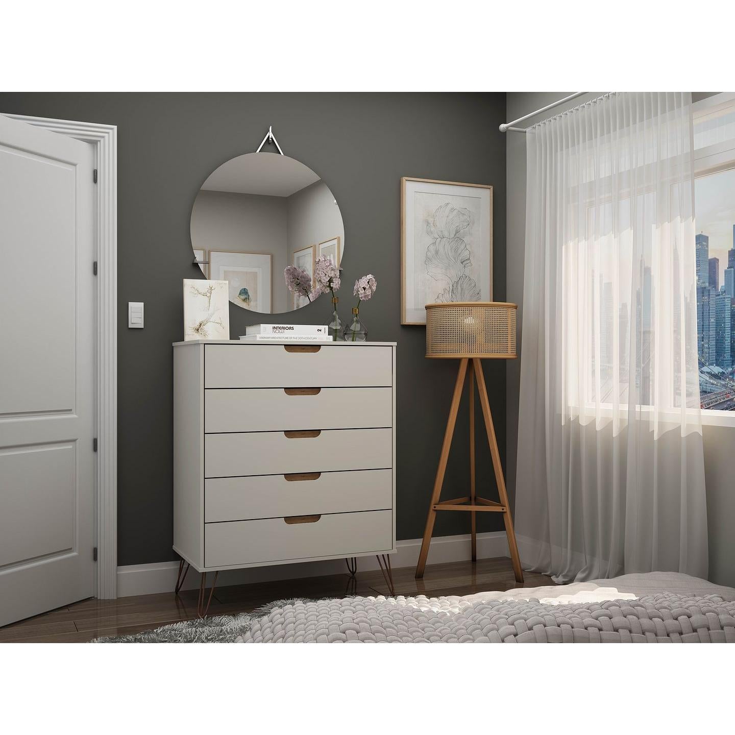 Manhattan Comfort Rockefeller 5-Drawer Tall Dresser Cabinet With Metal Legs In Off White & Nature