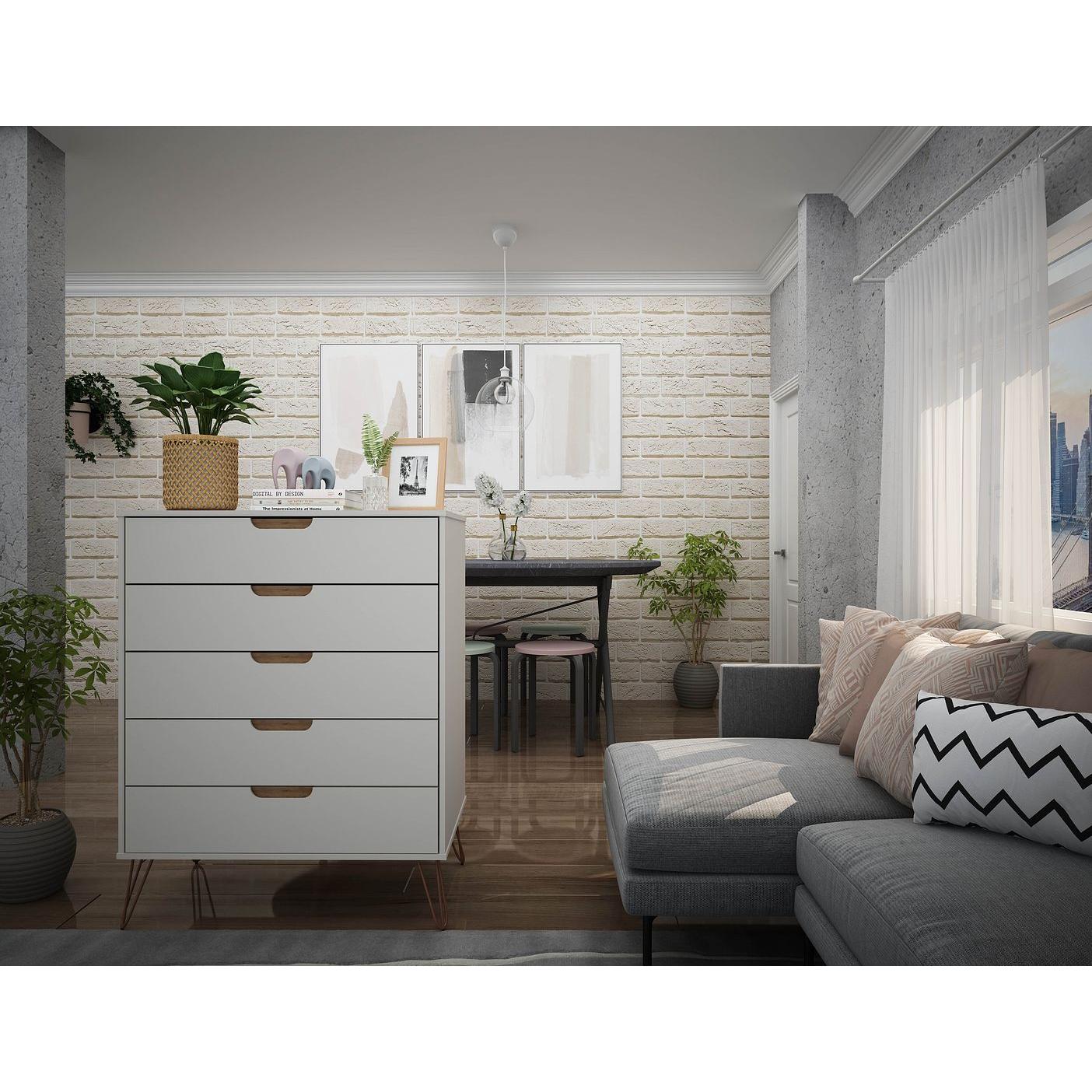 Manhattan Comfort Rockefeller 5-Drawer Tall Dresser Cabinet With Metal Legs In Off White & Nature