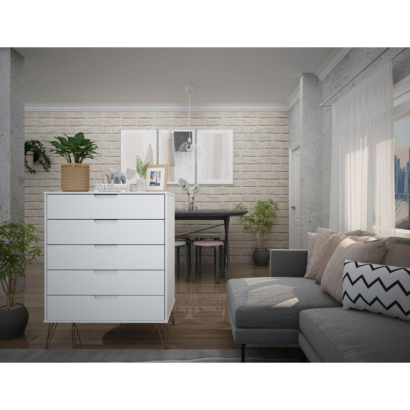 Manhattan Comfort Rockefeller 5-Drawer Tall Dresser Cabinet With Metal Legs In White