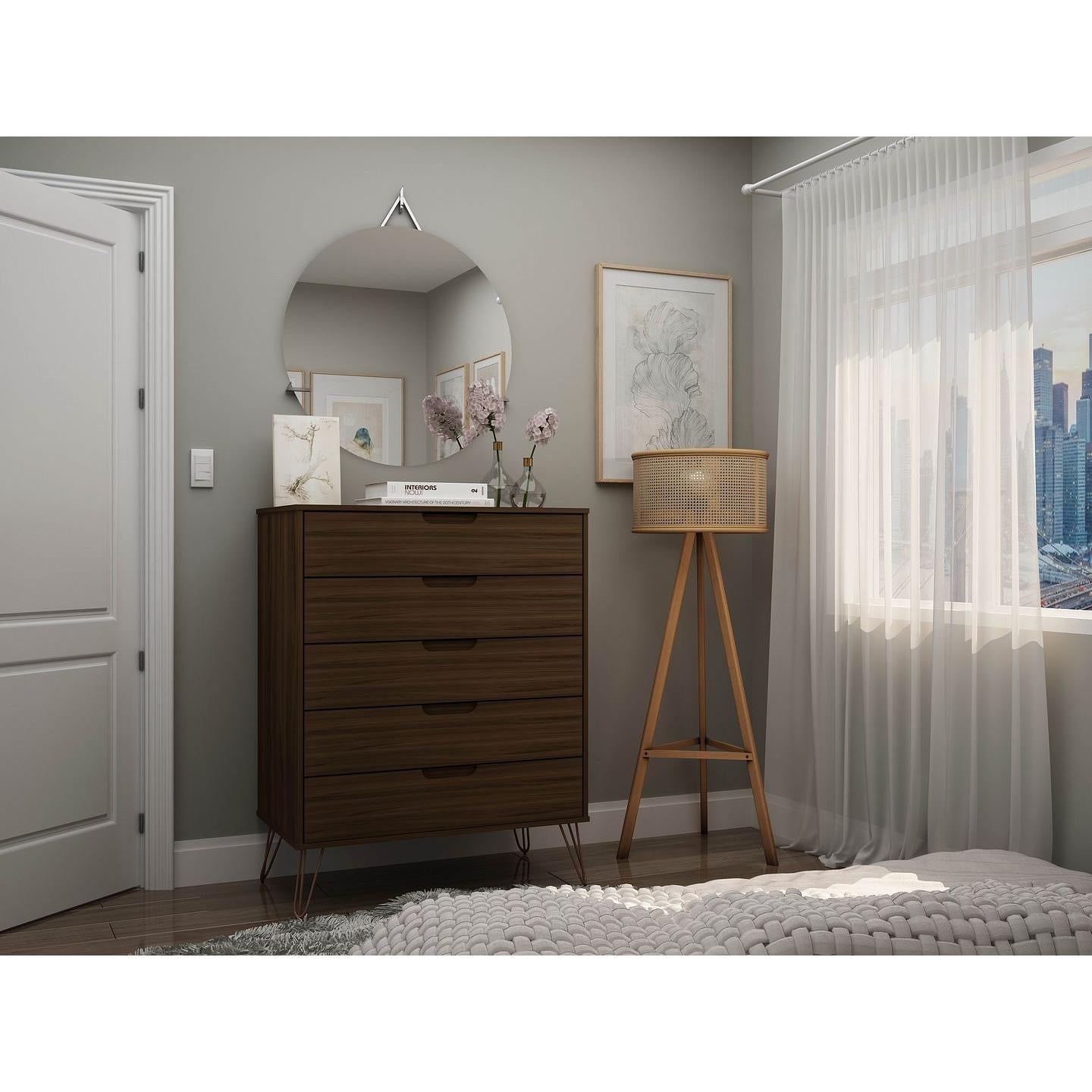 Manhattan Comfort Rockefeller 5-Drawer Tall Dresser With Metal Legs In Brown