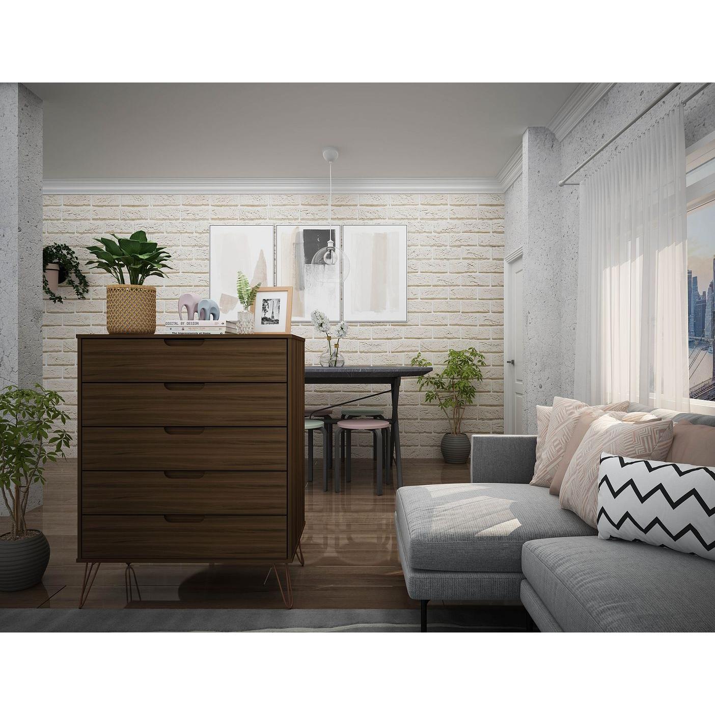 Manhattan Comfort Rockefeller 5-Drawer Tall Dresser With Metal Legs In Brown
