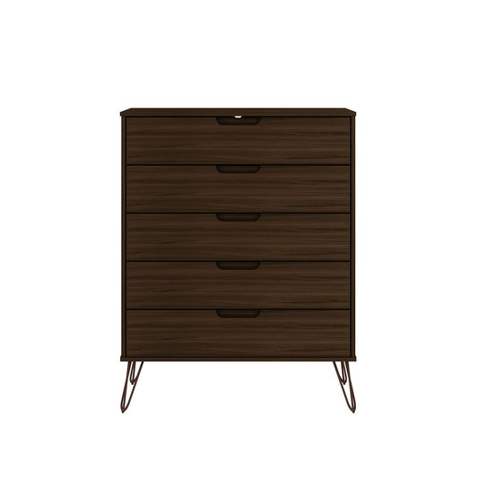 Manhattan Comfort Rockefeller 5-Drawer Tall Dresser With Metal Legs In Brown
