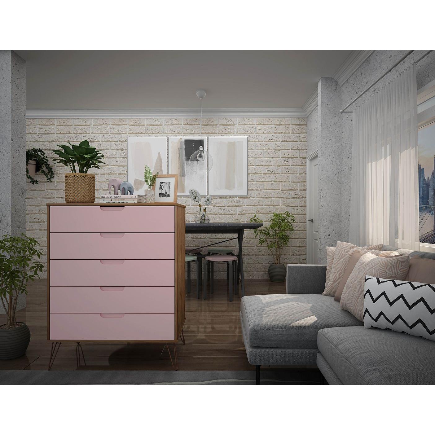 Manhattan Comfort Rockefeller 5-Drawer Tall Dresser With Metal Legs In Nature & Rose Pink