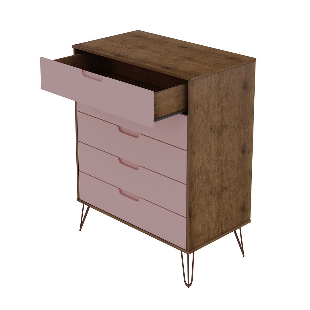 Manhattan Comfort Rockefeller 5-Drawer Tall Dresser With Metal Legs In Nature & Rose Pink