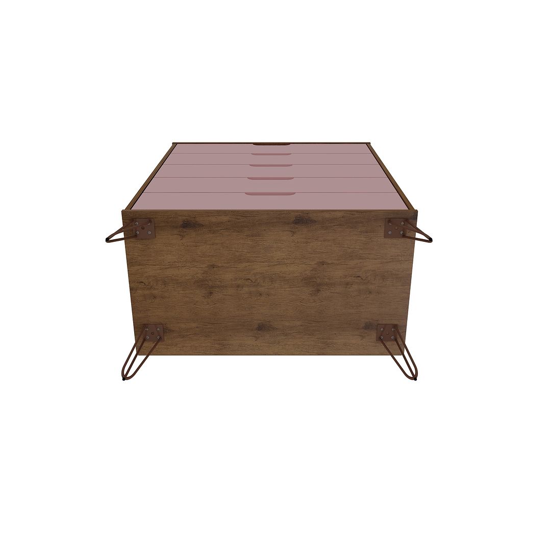 Manhattan Comfort Rockefeller 5-Drawer Tall Dresser With Metal Legs In Nature & Rose Pink