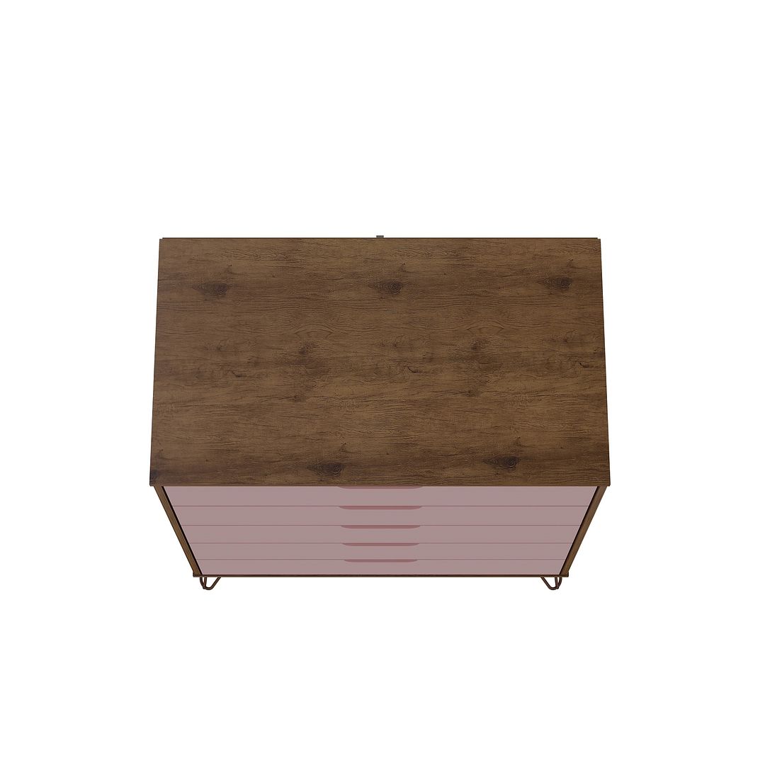 Manhattan Comfort Rockefeller 5-Drawer Tall Dresser With Metal Legs In Nature & Rose Pink