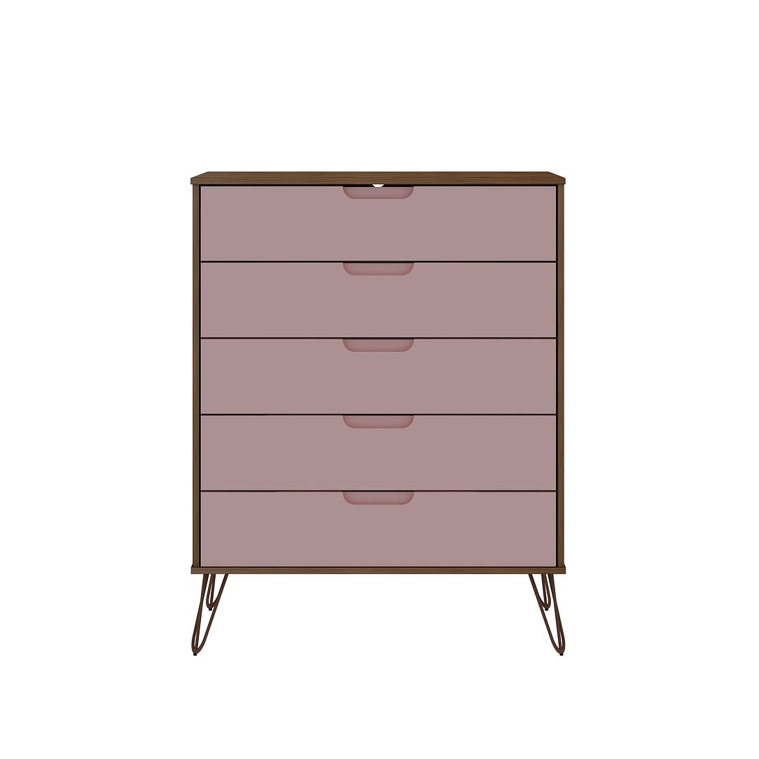 Manhattan Comfort Rockefeller 5-Drawer Tall Dresser With Metal Legs In Nature & Rose Pink