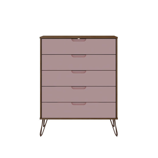 Manhattan Comfort Rockefeller 5-Drawer Tall Dresser With Metal Legs In Nature & Rose Pink
