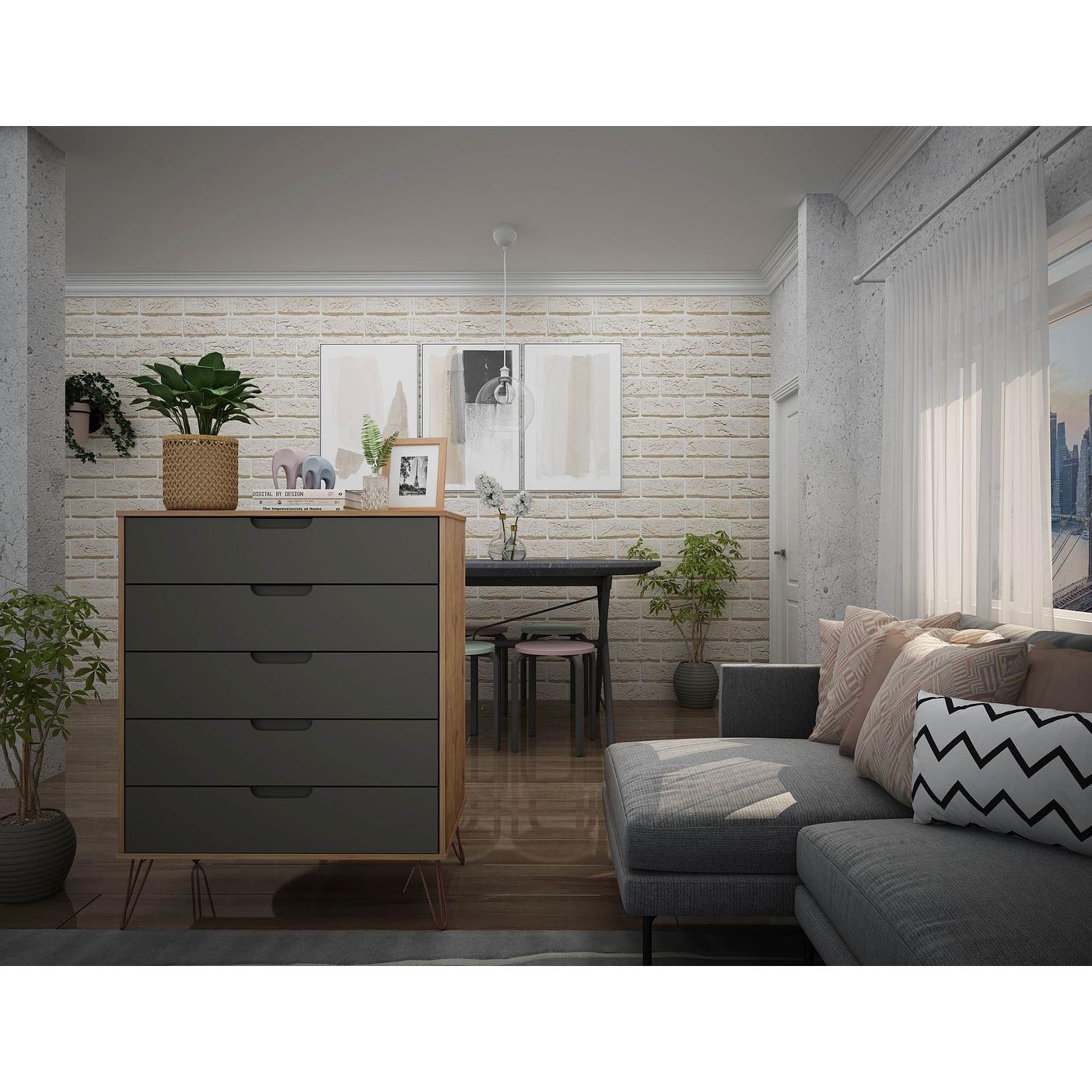 Manhattan Comfort Rockefeller 5-Drawer Tall Dresser With Metal Legs In Nature & Textured Gray
