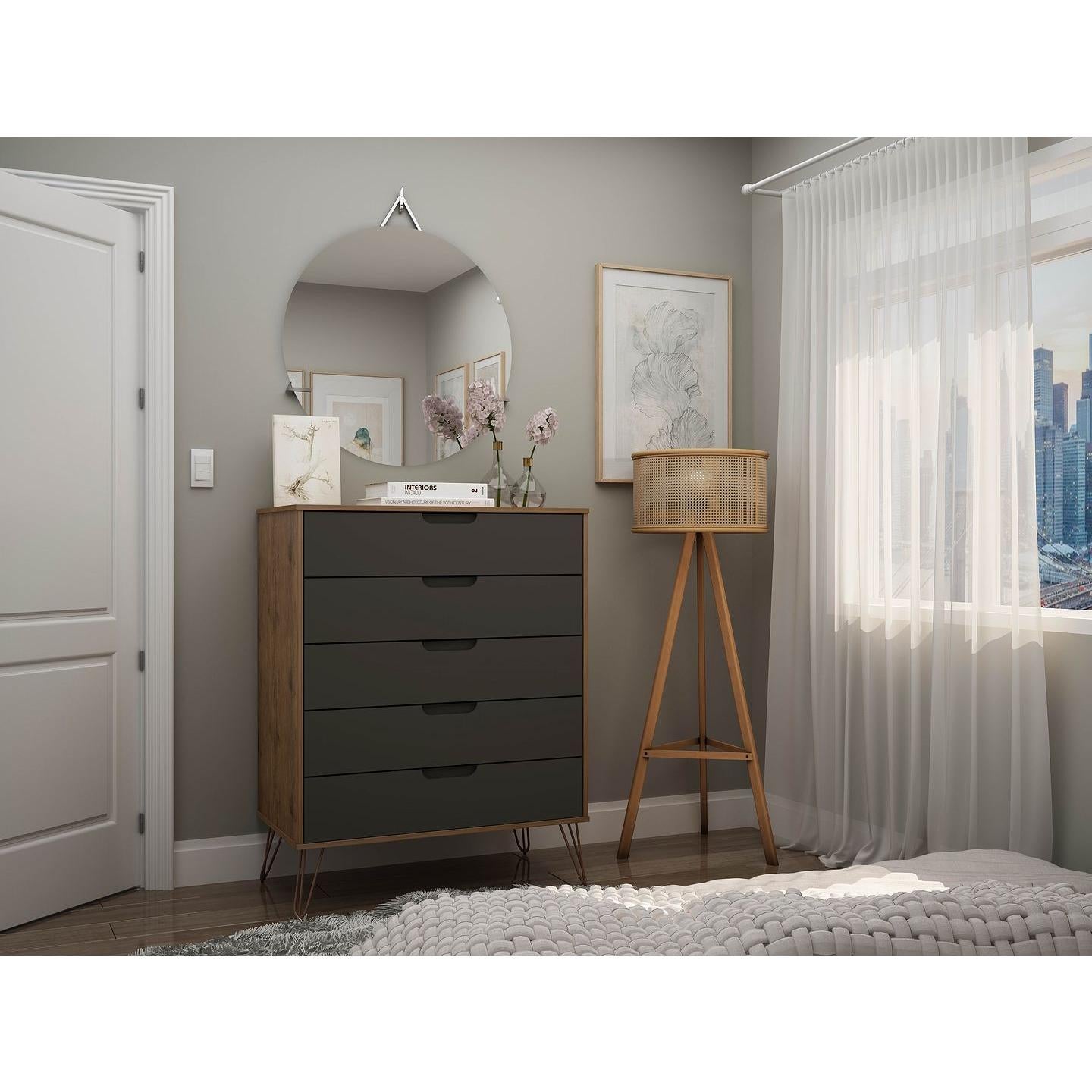 Manhattan Comfort Rockefeller 5-Drawer Tall Dresser With Metal Legs In Nature & Textured Gray