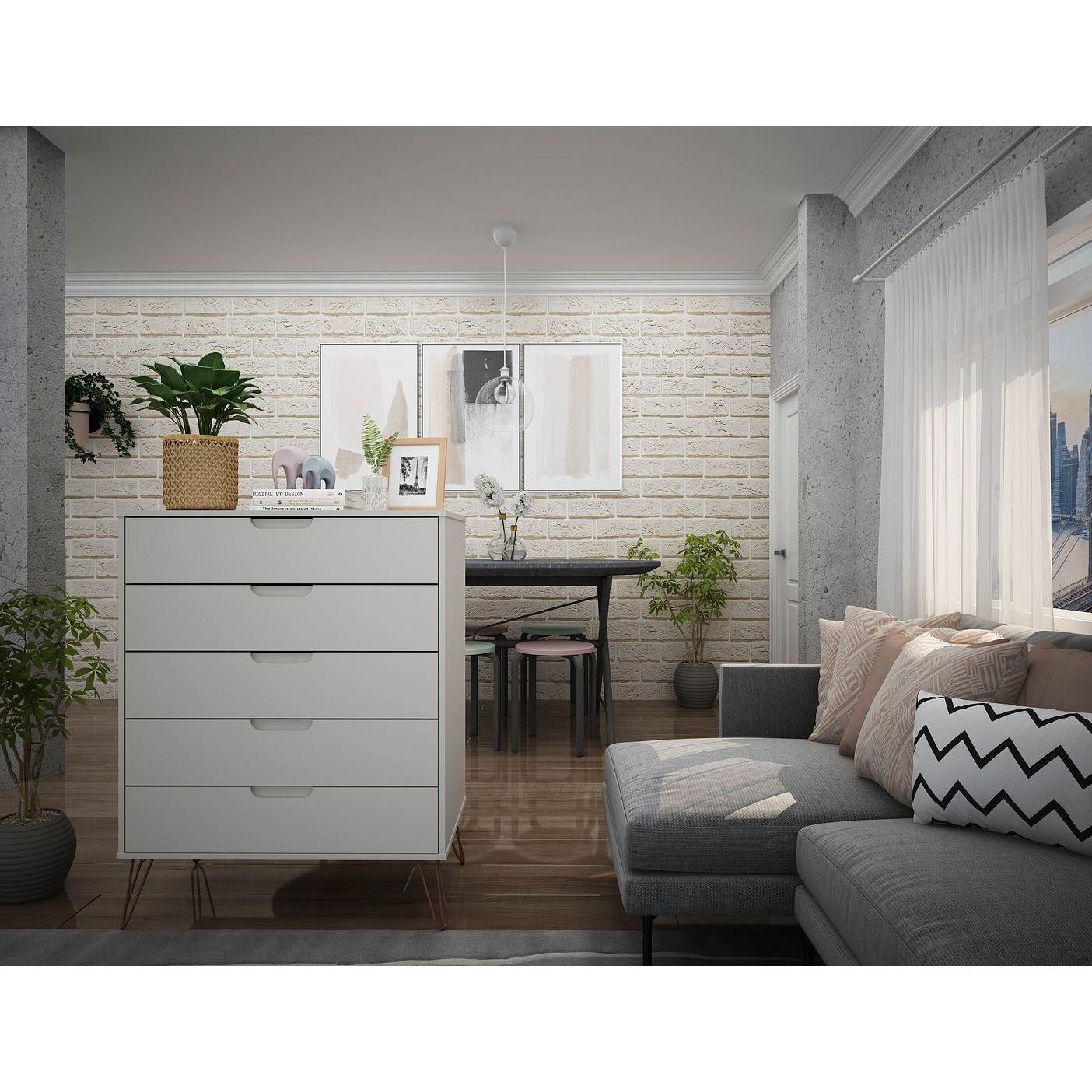 Manhattan Comfort Rockefeller 5-Drawer Tall Dresser With Metal Legs In Off White