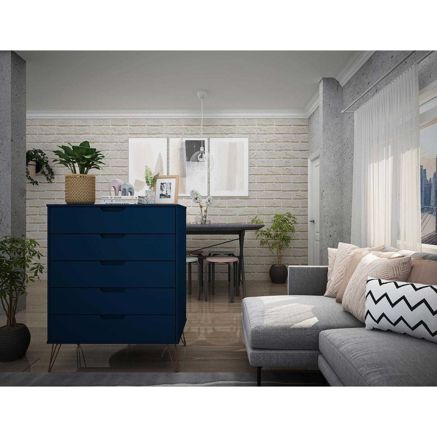 Manhattan Comfort Rockefeller 5-Drawer Tall Dresser With Metal Legs In Tatiana Midnight Blue