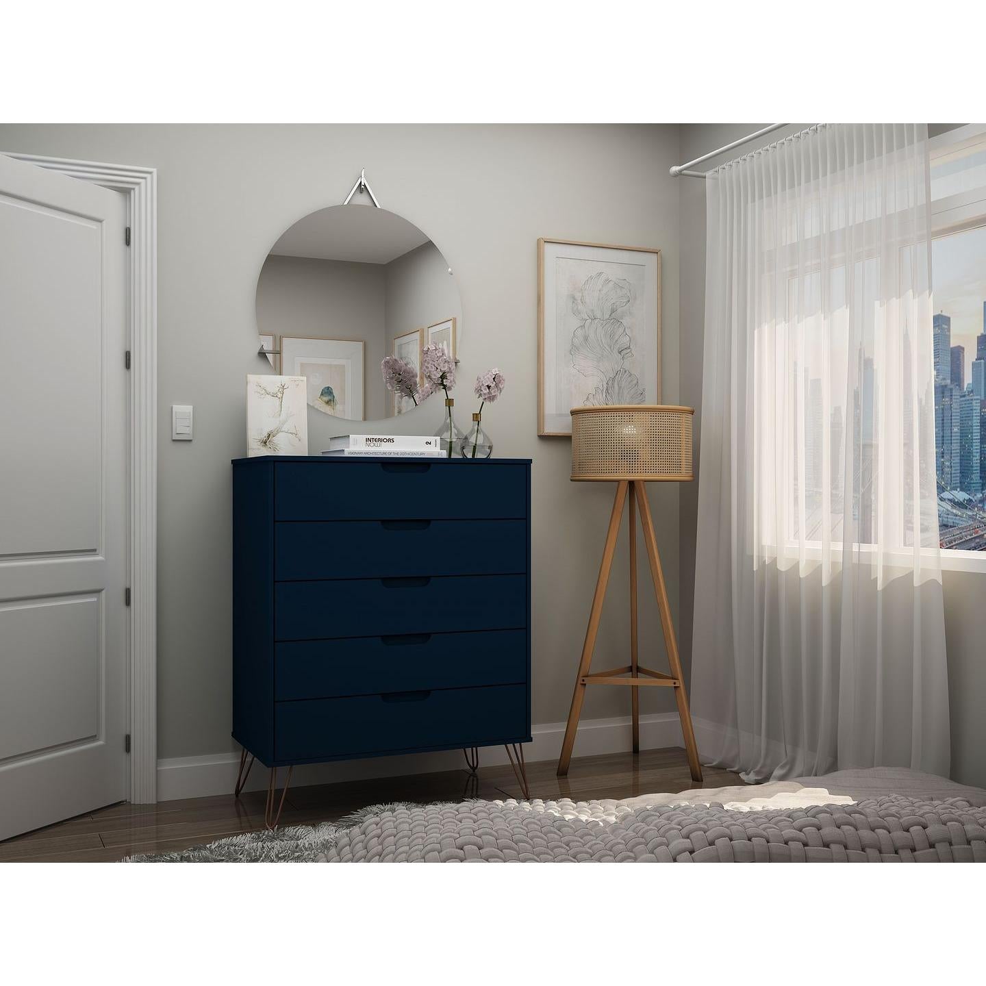 Manhattan Comfort Rockefeller 5-Drawer Tall Dresser With Metal Legs In Tatiana Midnight Blue