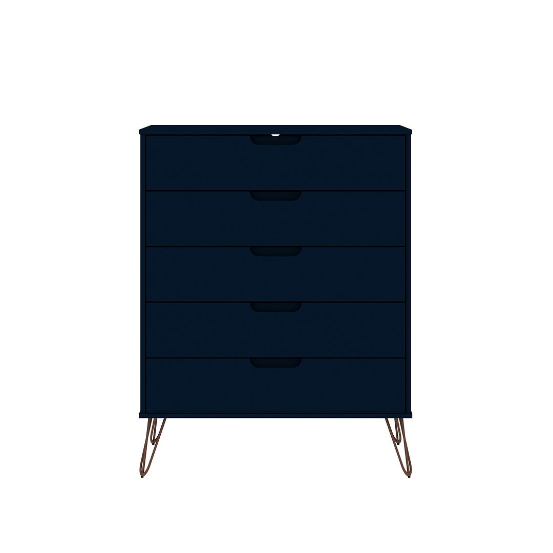 Manhattan Comfort Rockefeller 5-Drawer Tall Dresser With Metal Legs In Tatiana Midnight Blue