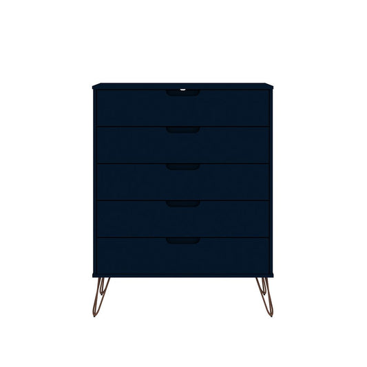 Manhattan Comfort Rockefeller 5-Drawer Tall Dresser With Metal Legs In Tatiana Midnight Blue