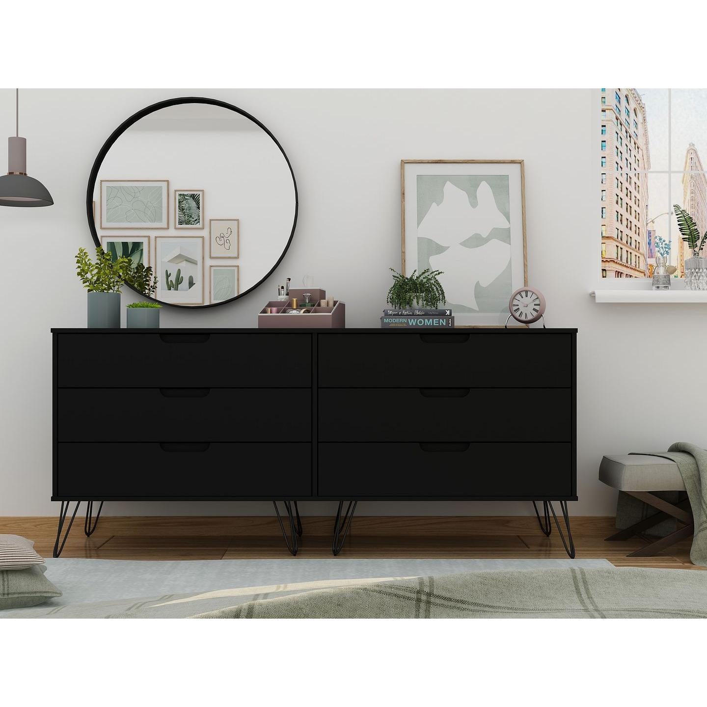 Manhattan Comfort Rockefeller 6-Drawer Double Low Dresser With Metal Legs In Black