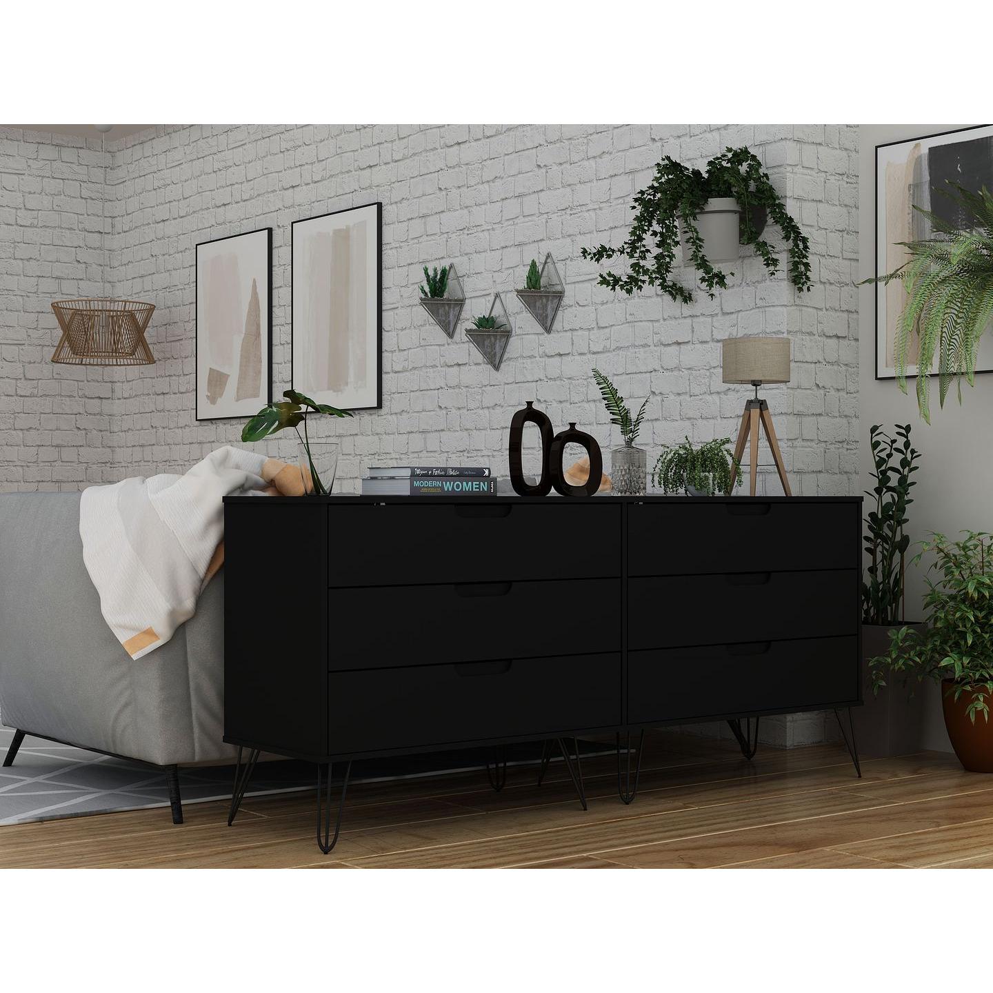 Manhattan Comfort Rockefeller 6-Drawer Double Low Dresser With Metal Legs In Black