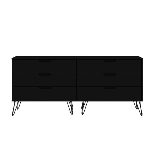 Manhattan Comfort Rockefeller 6-Drawer Double Low Dresser With Metal Legs In Black