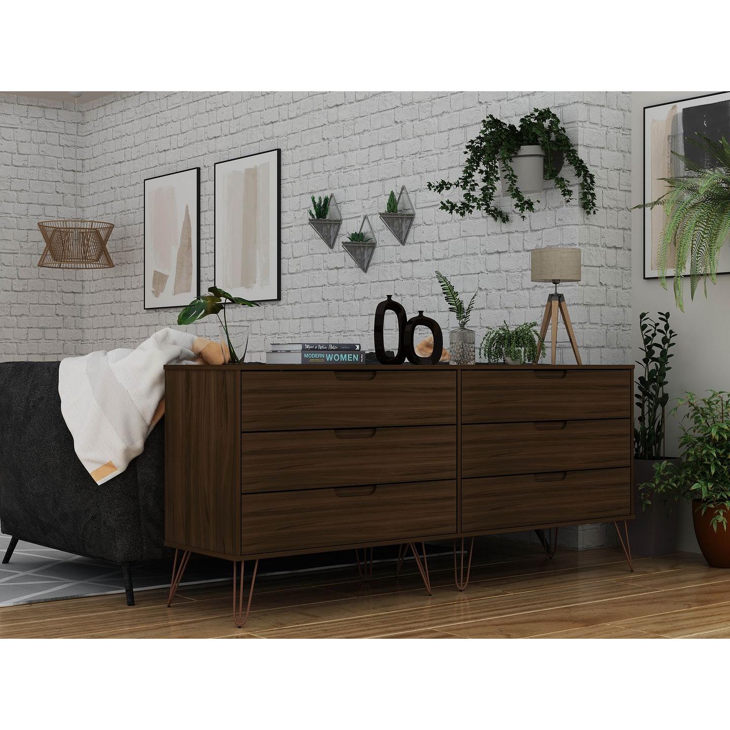Manhattan Comfort Rockefeller 6-Drawer Double Low Dresser With Metal Legs In Brown